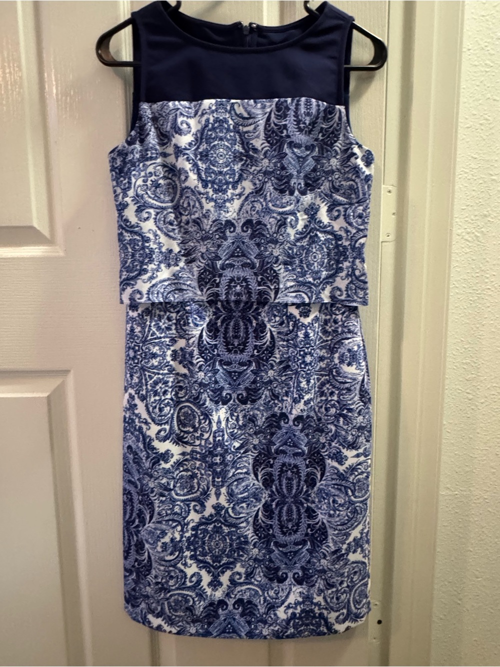 ANTONIO MELANI Navy and White Paisley Midi Sheath Dress